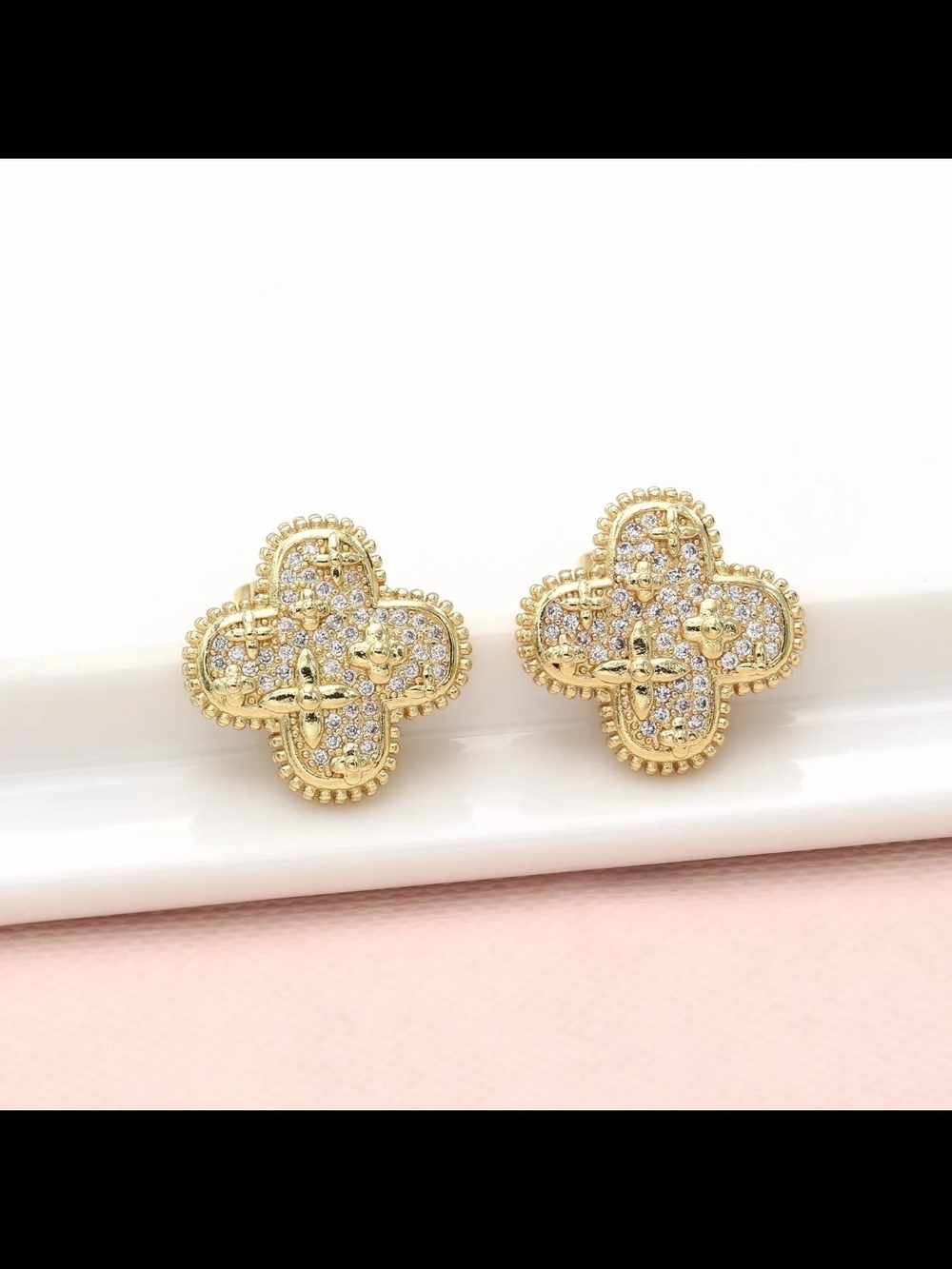 Gold Crystal Clover Stud Earrings - Women Jewelry